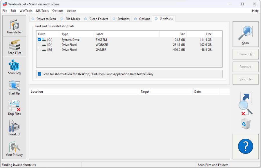 WinTools.net Scan Shortcuts
