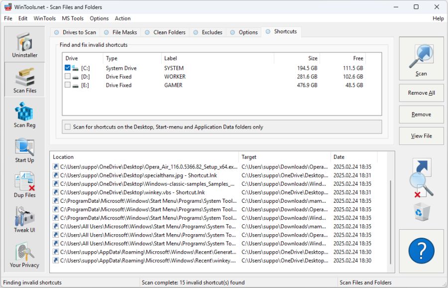 WinTools.net Shortcuts Scanned